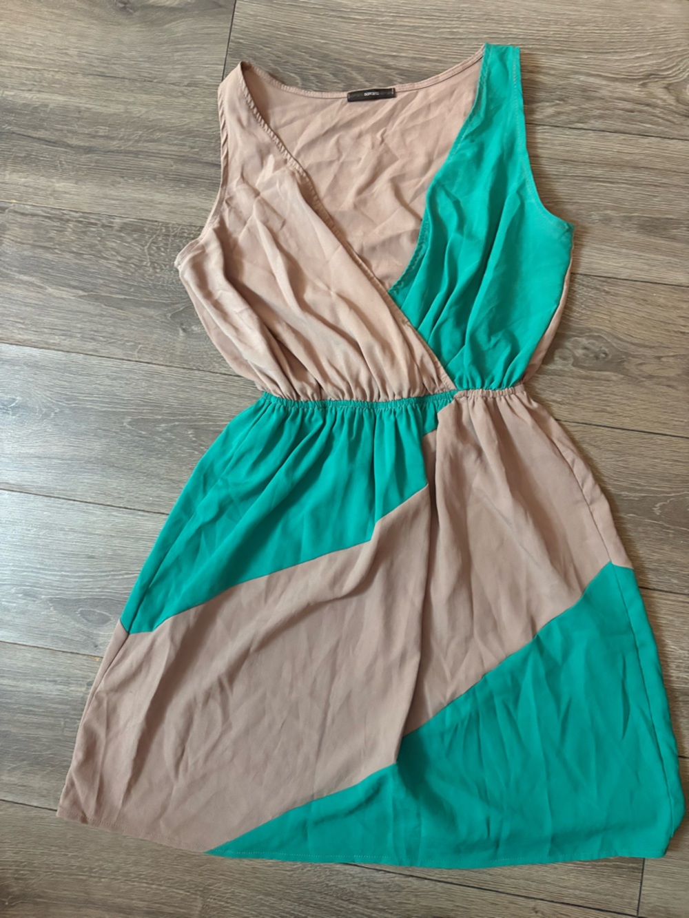 Soprano Beige and Teal Colorblock Wrap Mini Dress